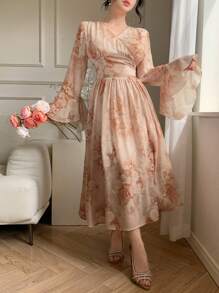 DAZY 中长 V 领花卉荷叶边女式连衣裙优雅秋季连衣裙长袖连衣裙