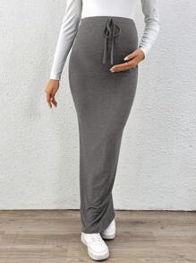 SHEIN Maternity Solid Color Adjustable Waist Long Casual Skirt - Grey - View 4