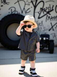 2pcs/Set Baby Boy Leather Jacket & Shorts Set, Combines The Cool Look Of Leather With The Comfort Of Short Sleeve Top And Soft Leather Shorts, Suitable For Warm Seasons Or Themed Parties, Easy To Clean
