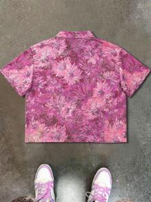 PAVTROS 男士衬衫蓝色油画向日葵字母印花飞马图标印花拉链衬衫，男士街头潮流衬衫 - 彩色 - 查看 2