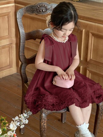 SHEIN X Scheana Dazy Kids Robe de soirée simple et mode, sans manches, de couleur unie, convenant aux jeunes filles pour les fêtes et les événements officiels