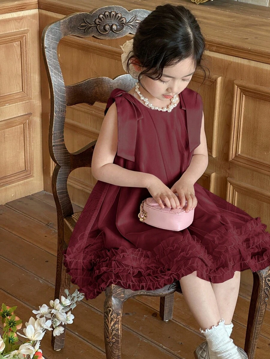 SHEIN X Scheana Dazy Kids 年轻女孩纯色无袖简约时尚派对礼服，适合派对和正式活动 - 酒紅色 - 查看 1