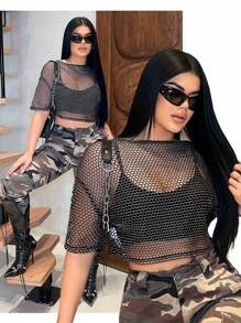 SHEIN SXY 时尚性感透明网眼短款上衣 - 黑色 - 查看 1