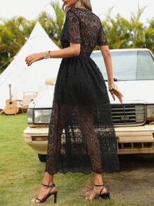 Breezaya Women's Lace Wrap Waist Side Slit Hem Elegant Dress - Black - View 2