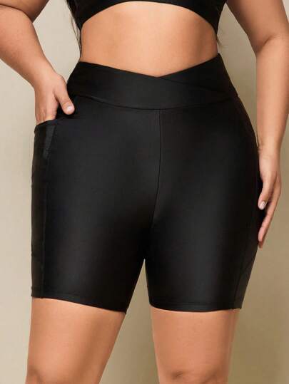 SHEIN Swim Shorts de bikini casuales minimalistas ajustados de unicolor con bolsillo, para verano y vacaciones en la playa, tallas grandes