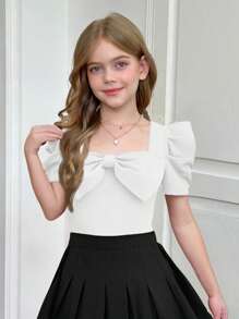 SHEIN 青少年女孩优雅蝴蝶结装饰方领泡泡袖衬衫