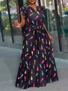 Slaydiva New 2025 Plus Size Women Casual & Holiday Fashion Cap Sleeve Wine Bottle Print Drawstring Jumpsuit Spring/Summer - Multicolor - View 1