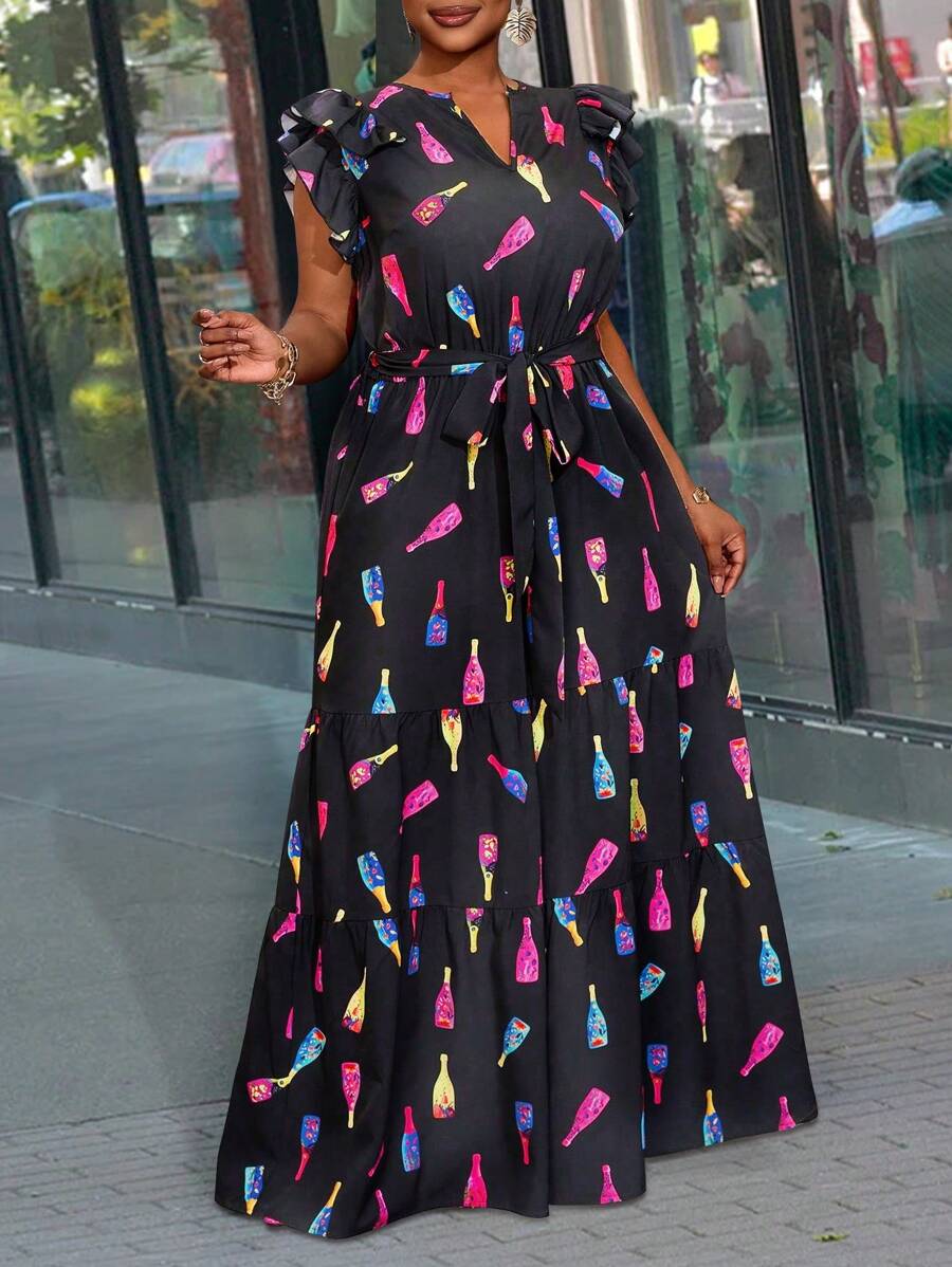 Slaydiva New 2025 Plus Size Women Casual & Holiday Fashion Cap Sleeve Wine Bottle Print Drawstring Jumpsuit Spring/Summer - Multicolor - View 1