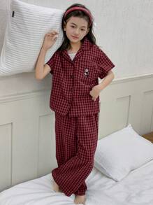 DAZY Conjunto de ropa de casa para niña preadolescente con pantalón largo y manga corta con patrón a cuadros y bordado, para primavera/verano