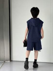 2PCS Kids Tween Boys Casual Korean Letter Graphic Print Hoodie Sweatshirt & Solid Color Shorts 2 Pieces Set