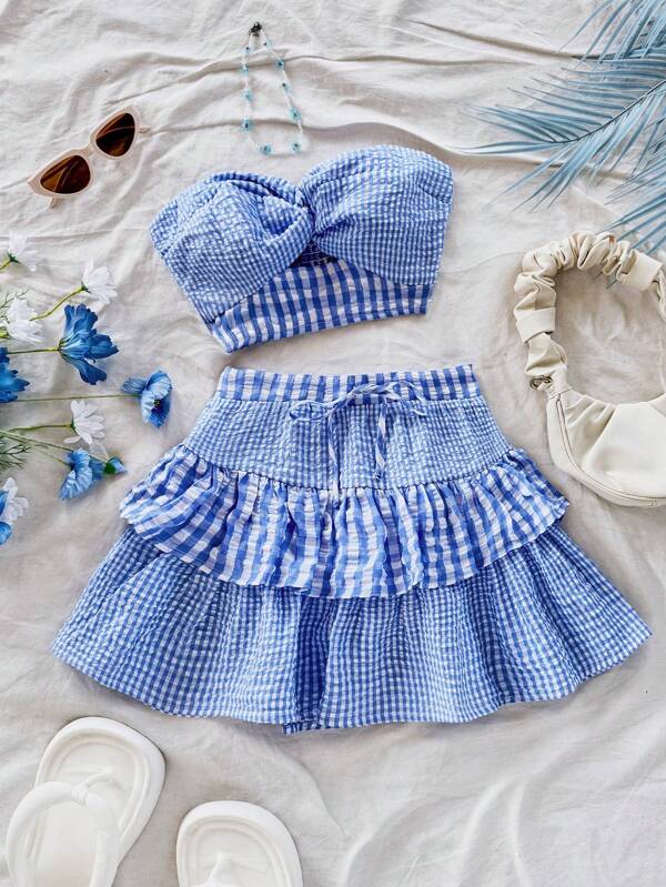 Soleia Femei Bandeau Twist Top & Volane tiv Mini-fustă în carouri Set casual de vacanță 2 buc