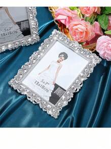 SHEIN 1 khung ảnh trang trí pha lê bạc, kèm khung để bàn đính đá, 6 inch/7 inch làm quà tặng cho gia đình và bạn bè - Bạc - Xem 3