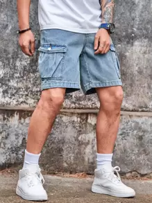 Manfinity Homme 休闲街头风格浅蓝色工装口袋男式牛仔短裤