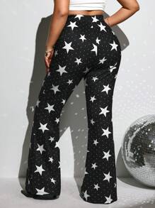 SHEIN ICON 大码黑白星星印花喇叭裤，适合音乐节和派对
