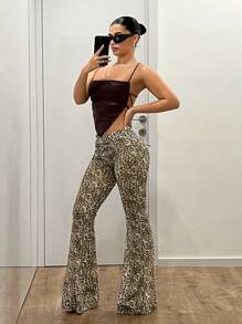 SHEIN ICON Leopard Print Mesh Flare Pants With Foldover Waistband - Brown - View 3