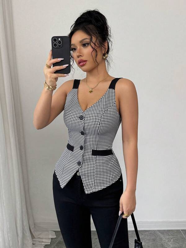 Elenzga Women's Houndstooth Single-Breasted Fitted Elegant Camisole Shirt