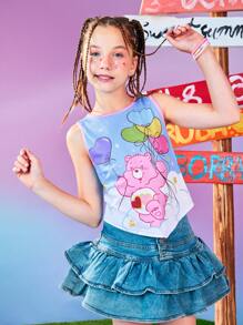 SHEIN X Care Bears Canotta da ragazza tween in stile cartoni animati e Y2K, con orsetto blu e palloncini colorati, adatta per primavera/estate