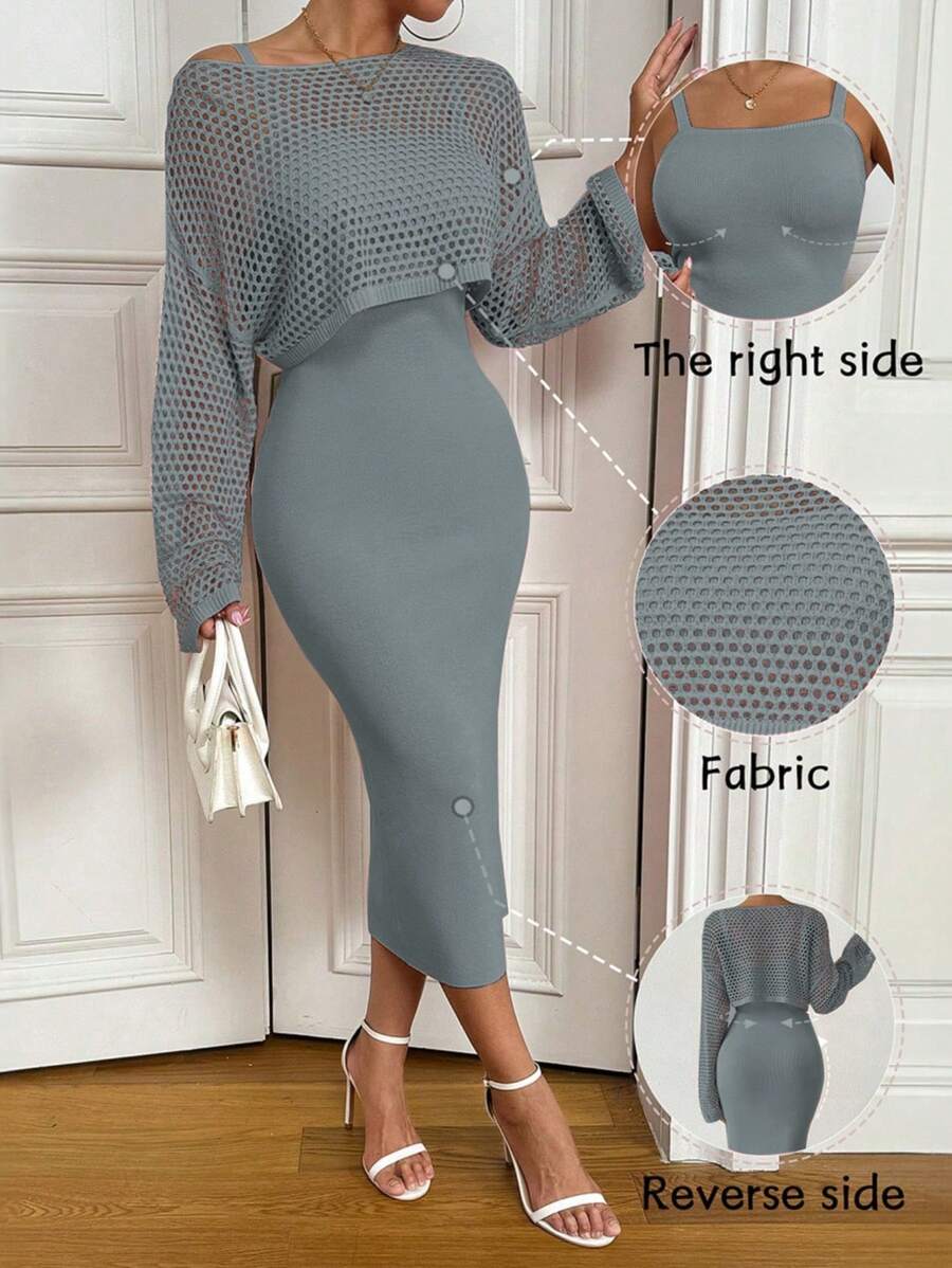 Rafferiza 2 Pieces Set: Solid Color Hollow-Out Knitted Sweater & Form-Fitting Camisole Dress - Grey - View 1
