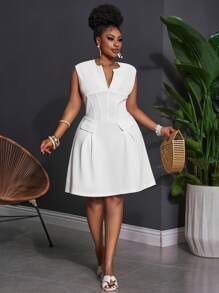 Slaydiva 白色优雅、派对、聚会、约会合身无袖深 V 领荷叶边下摆 A 字型大码连衣裙 - B - 白色 - 查看 8