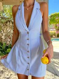 Serisse Vestido de lino de rayas y estampado sin mangas para mujeres, vestido de rayas de estilo old money para mujer, ropa para maestras, ropa de oficina para mujeres de negocios, ropa de maestra, ropa de oficina minimalista, simple algodón