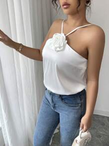 Elenzga Elegant Solid Color 3D Floral Decoration Satin Halter Top