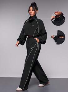 Exploreva 女士撞色饰边抽绳下摆夹克搭配长裤运动服套装