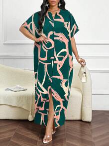 SHEIN Lady Vestido elegante de estilo commuter con mangas de murciélago y estampado de color contrastante