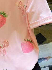 女士草莓印花圆领短袖宽松休闲 T 恤 - 粉色 - 查看 5