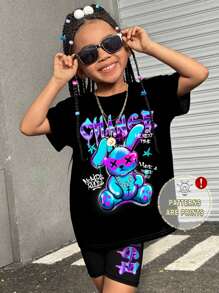 Young Girl Casual Minimalist Short Sleeve Top & Shorts 2 Pieces Set, Suitable For Summer