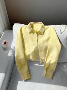 Comfortcana Backless Bowknot Cropped Striped Shirt - Yellow - View 3