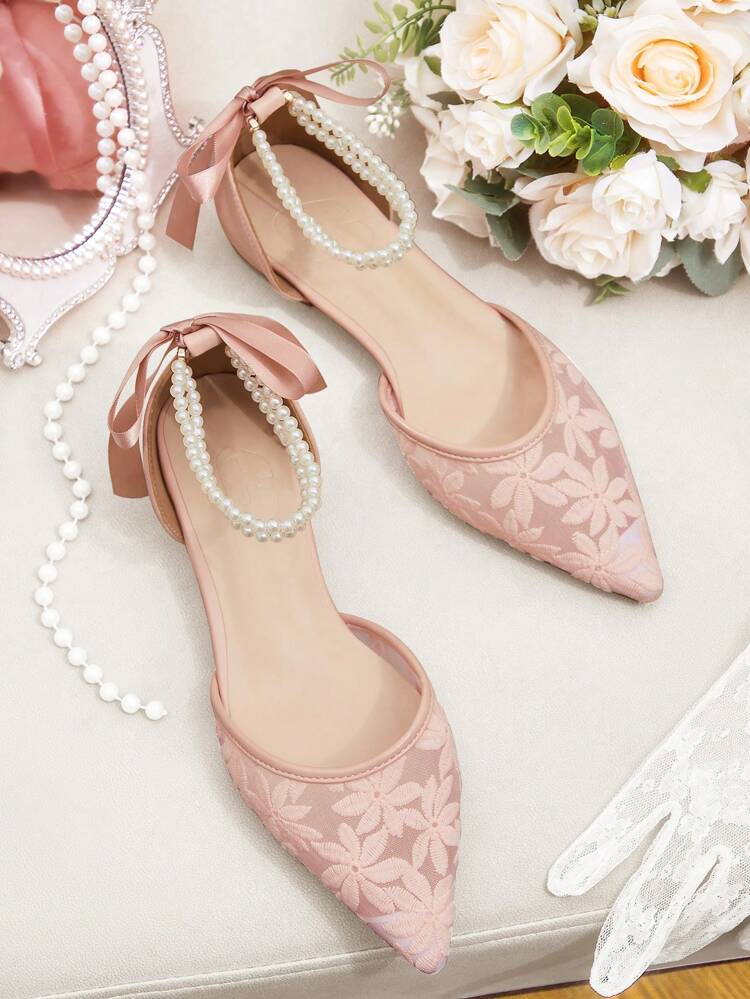 CUCCOO HITCHD Women's Pink Faux Pearl Bow Lace & Mesh Ballet Flats, Comfortable Elegant Low-Heel Slip-On Shoes For Christmas Elegant Shoes Wedding Shoes Summer Shoes Bride Shoes