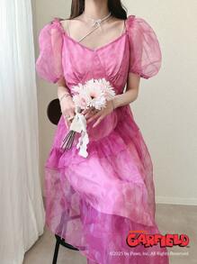 Garfield X FRIFUL Women's Collaboration Full Print Sweet Puff Midi Dress Ladies Summer Dress - Pink - View 6