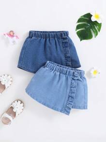 SHEIN 2pcs Baby Girls High Elasticity Water Washed Cute Flounce  Denim Skort With Comfortable Softness, Spring And Summer - Light Wash - View 6