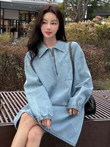 DAZY 女士落肩长袖拉链半开襟宽松直筒牛仔连衣裙