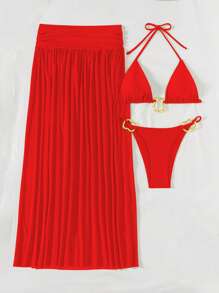 Swim SXY 3 件套金属面料纯色三角吊带性感优雅比基尼套装，配有不对称金属环和长网眼沙滩裙，适合度假