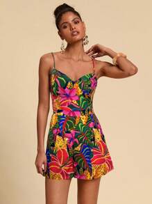 Travachic Vacation Casual Tropical Print Romper,Casual Woman Style, Casual Woman Style, Fall Outfits For Women, Chic Autumn,Going Out Outfit,Elegant Outfits,Country Style For Women,Tropical  Printed - Navy Blue - View 6