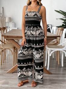 SHEIN Clasi Plus Size Women Totem Print Sleeveless Jumpsuit, Bohemian Holiday Style - Black - View 3