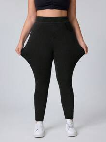 Flexra Jeans elásticos de punto sencillos con bolsillo de talla grande, para uso casual diario - Negro - Ver 5