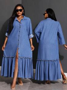 SHEIN Lady Plus Size Damska Sukienka Jeansowa Długi Rękaw Luźna Niebieska Sukienka Koszulowa Sukienka Z Rozcięciem z Boku Sukienka Z Falbanką Sukienka Plus Długość Stroje Letnie Dla Kobiet Stroje Wakacyjne Damskie Romantyczne Sukienki Letnie Sukienki Dla Kobiet Sukienki Wiosenne Dla Kobiet Stroje Cowgirl Dla Kobiet Stroje Boho Rave Festiwal