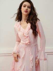 MOTF PREMIUM VESTIDO CON VOLANTES DE ENCAJE DE CONTRASTE Y DRAPEADO - Rosa Pálido - Ver 3