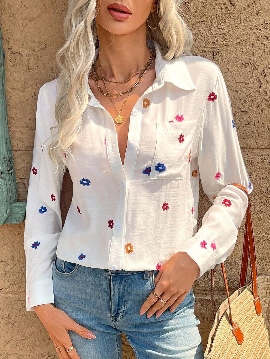 INAWLY Solva Women's Vacation Floral Embroidery Long Sleeve Single-Breasted Pocket Blouse Fall Cloth For Women - White - View 1