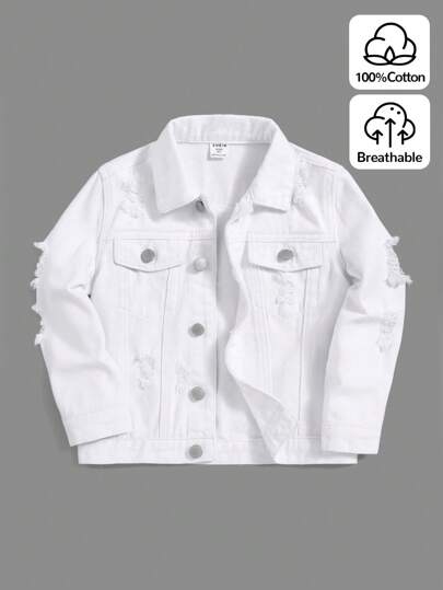 SHEIN Mali chłopcy Podarte Kieszenie z klapką Kurtka dżinsowa