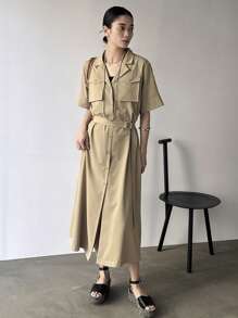 FRIFUL 女式纯色翻领短袖实用口袋中长衬衫裙太阳裙 - 卡其色 - 查看 2