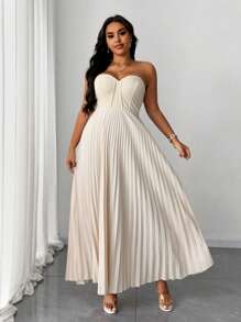 SHEIN Unity Plus Size Women Elegant Romantic Strapless Pleated Midi Dress - Apricot - View 6