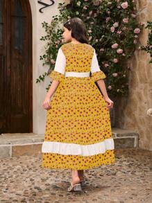 Tween Girls Simple Chic White & Black Ditsy Floral Ruffle Hem Dress - Yellow - View 2