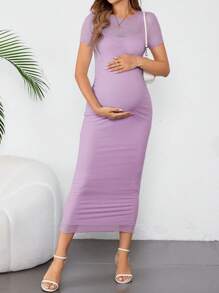 SHEIN Maternity Round Neck Form-Fitting Mid-Length Dress - Purple - View 6