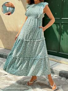 SHEIN Vestido largo de enfermería con volantes y estampado floral de margaritas para embarazadas