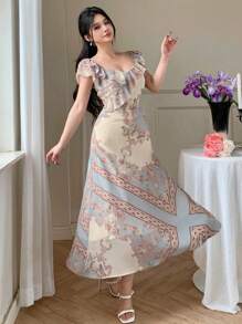 DAZY Abito estivo in chiffon da donna con scollo quadrato, vita, stampa retrò e maniche corte, con volant e decorazione floreale