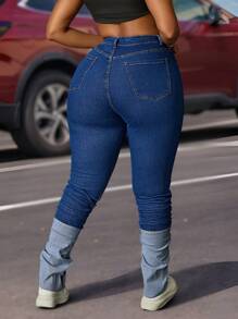 SHEIN SXY Plus Size Women's Elastic Blue Denim Patchwork Extra Long Harem Pants - Blue - View 6