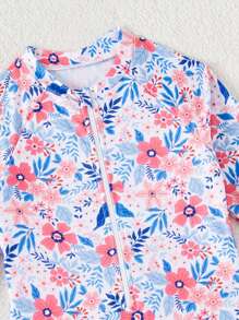 年轻女孩花卉印花连体泳衣，夏季海滩度假 - 彩色 - 查看 3